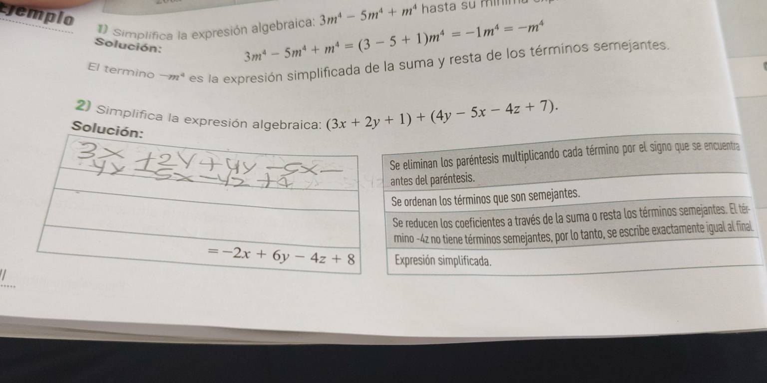 Ejemplo
1 simplifica la expresión algebraica: 3m^4-5m^4+m^4 hasta su  m      
Solución:
3m^4-5m^4+m^4=(3-5+1)m^4=-1m^4=-m^4
El termino^-m * es la expresión simplificada de la suma y resta de los términos semejantes.
2) Simplifica la expresión algebraica:
Solu
(3x+2y+1)+(4y-5x-4z+7).