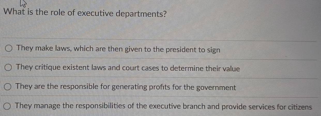 What is the role of executive departments?
They make laws, which are then given to the president to sign
They critique existent laws and court cases to determine their value
They are the responsible for generating profits for the government
They manage the responsibilities of the executive branch and provide services for citizens