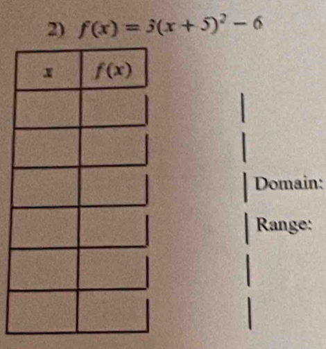 f(x)=3(x+5)^2-6
Domain:
Range: