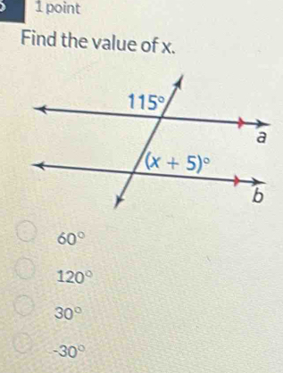 Find the value of x.
60°
120°
30°
-30°