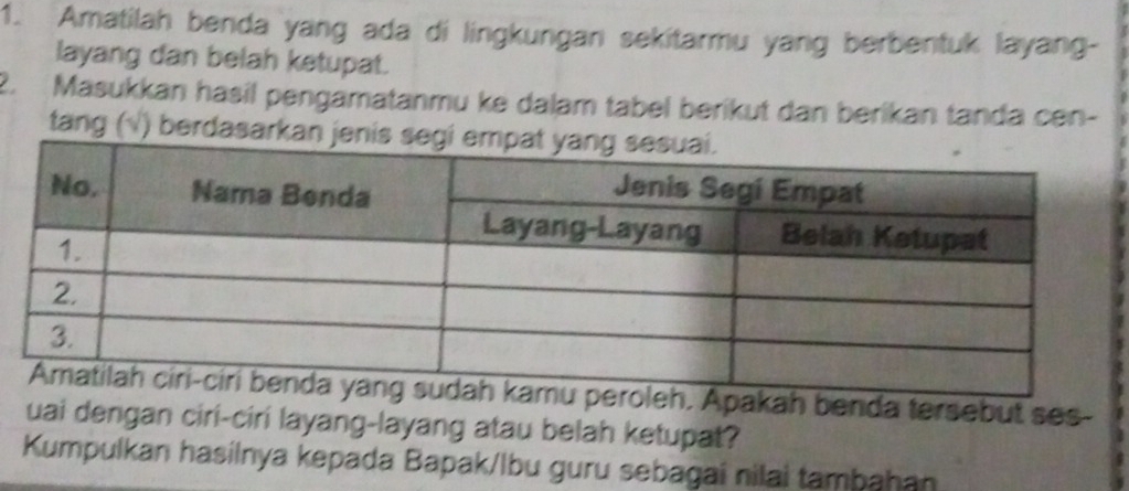 Amatilah benda yang ada di lingkungan sekitarmu yang berbentuk layang- 
layang dan belah ketupat. 
2. Masukkan hasil pengämatanmu ke dalam tabel berikut dan berikan tanda cen- 
tang (√) berdasarkan 
leh. Apakah benda tersebut ses- 
uai dengan ciri-ciri layang-layang atau belah ketupat? 
Kumpulkan hasilnya kepada Bapak/lbu guru sebagai nilai tambahan