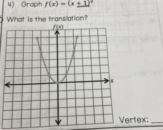 Graph f(x)=(x+1)^2
What is the translation?
ertex:_