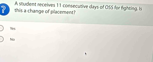 A student receives 11 consecutive days of OSS for fighting. Is
? this a change of placement?
Yes
No