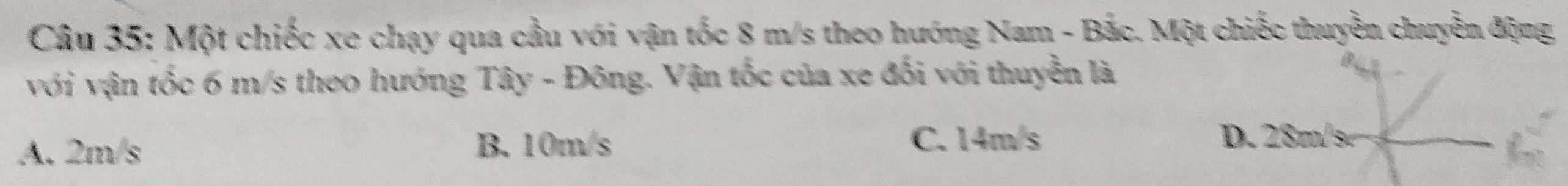 Một chiếc xe chạy qua cầu với vận tốc 8 m/s theo hướng Nam - Bắc. Một chiếc thuyền chuyển động
với vận tốc 6 m/s theo hướng Tây - Đông. Vận tốc của xe đối với thuyền là
A. 2m/s B. 10m/s
C. 14m/s D. 28m/se