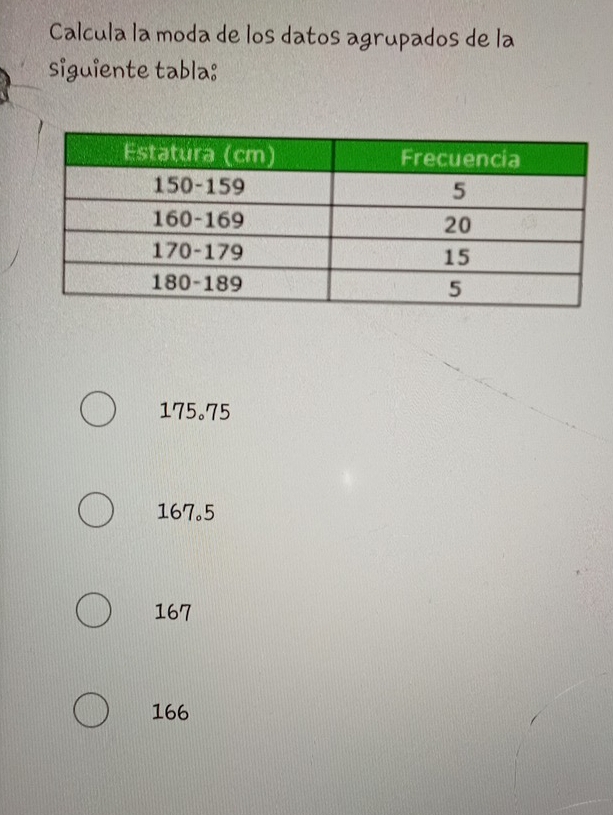 Calcula la moda de los datos agrupados de la
siguiente tabla:
175.75
167.5
167
166