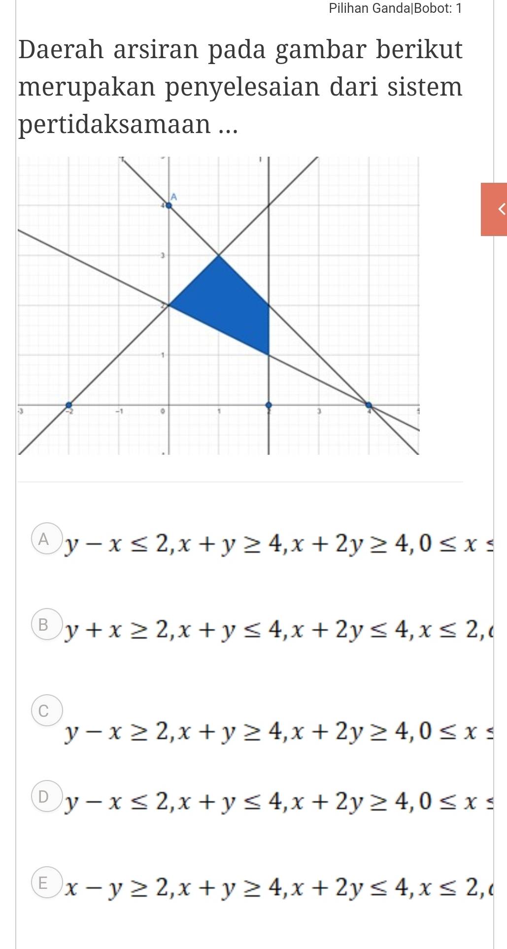 Pilihan Ganda|Bobot: 1
Daerah arsiran pada gambar berikut
merupakan penyelesaian dari sistem
pertidaksamaan ...
A y-x≤ 2, x+y≥ 4, x+2y≥ 4, 0≤ x≤
B y+x≥ 2, x+y≤ 4, x+2y≤ 4, x≤ 2, (
C
y-x≥ 2, x+y≥ 4, x+2y≥ 4, 0≤ x≤
D y-x≤ 2, x+y≤ 4, x+2y≥ 4, 0≤ x≤
E x-y≥ 2, x+y≥ 4, x+2y≤ 4, x≤ 2, , (