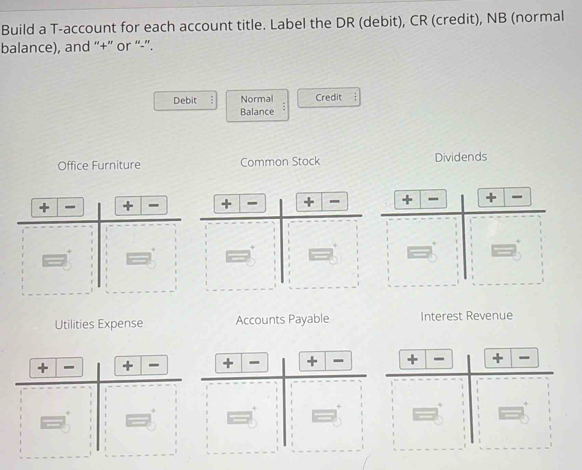 Solved: Build a T-account for each account title. Label the DR (debit ...