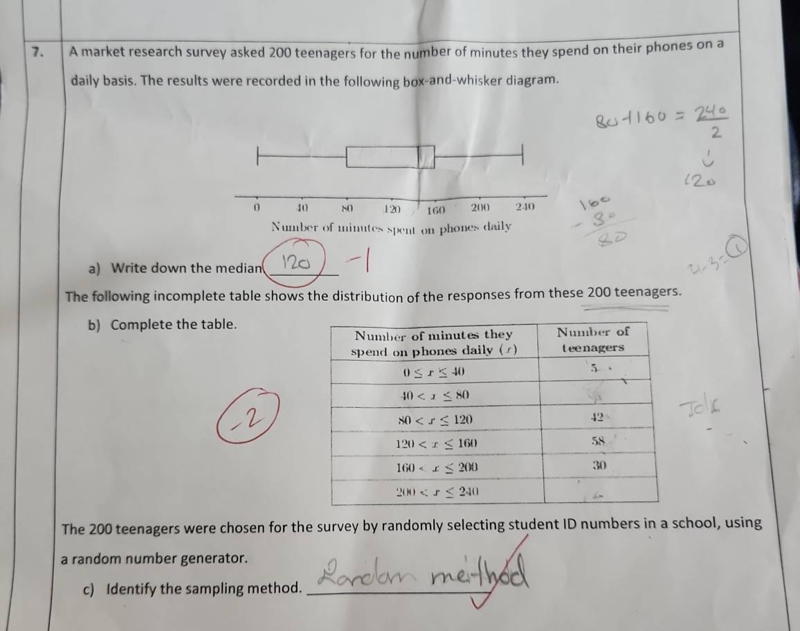 A market research survey asked 200 teenagers for the number of minutes they spend on their phones on a
daily basis. The results were recorded in the following box-and-whisker diagram.
a) Write down the median_
The following incomplete table shows the distribution of the responses from these 200 teenagers.
b) Complete the table.
The 200 teenagers were chosen for the survey by randomly selecting student ID numbers in a school, using
a random number generator.
c) Identify the sampling method._