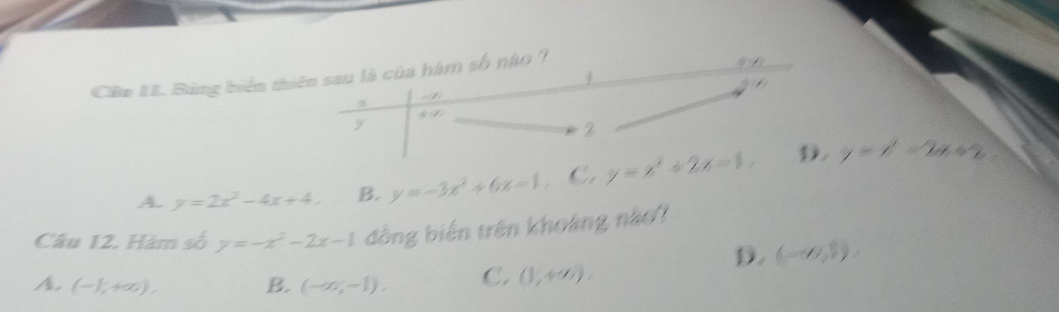 Cần 11. Bing biển thiên sau là của hàm số nào?
+∈fty
=∠ 2
phi (/)
y
2
A. y=2x^2-4x+4. B. y=-3x^2+6x-1 C. y=x^2+2x-1,. y=x^2-2x+2
Câu 12. Hàm số y=-x^2-2x-1 đồng biến trên khoảng nào?
D. (-4,1)
A. (-1,+∈fty ). B. (-∈fty ,-1).
C. (1,+∈fty )