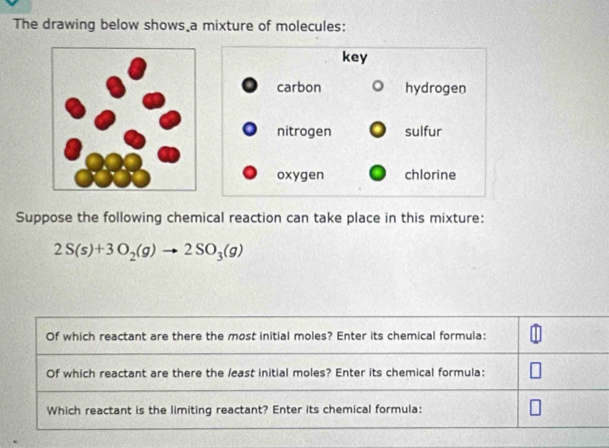 The drawing below shows a mixture of molecules: 
Suppose the following chemical reaction can take place in this mixture:
2S(s)+3O_2(g)to 2SO_3(g)
Of which reactant are there the most initial moles? Enter its chemical formula: 
Of which reactant are there the least initial moles? Enter its chemical formula: 
Which reactant is the limiting reactant? Enter its chemical formula: