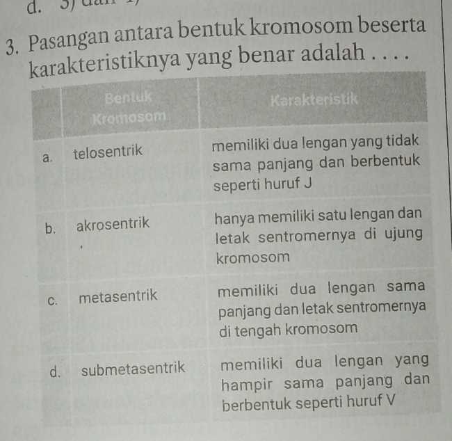 dan 
3. Pasangan antara bentuk kromosom beserta 
ya yang benar adalah . . . .