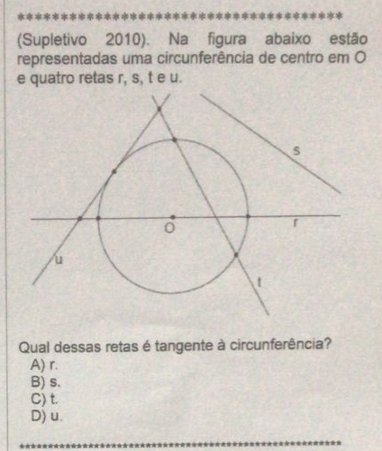 (Supletivo 2010). Na figura abaixo estão
representadas uma circunferência de centro em O
e quatro retas r, s, t e u.
Qual dessas retas é tangente à circunferência?
A) r.
B) s.
C) t.
D) u.