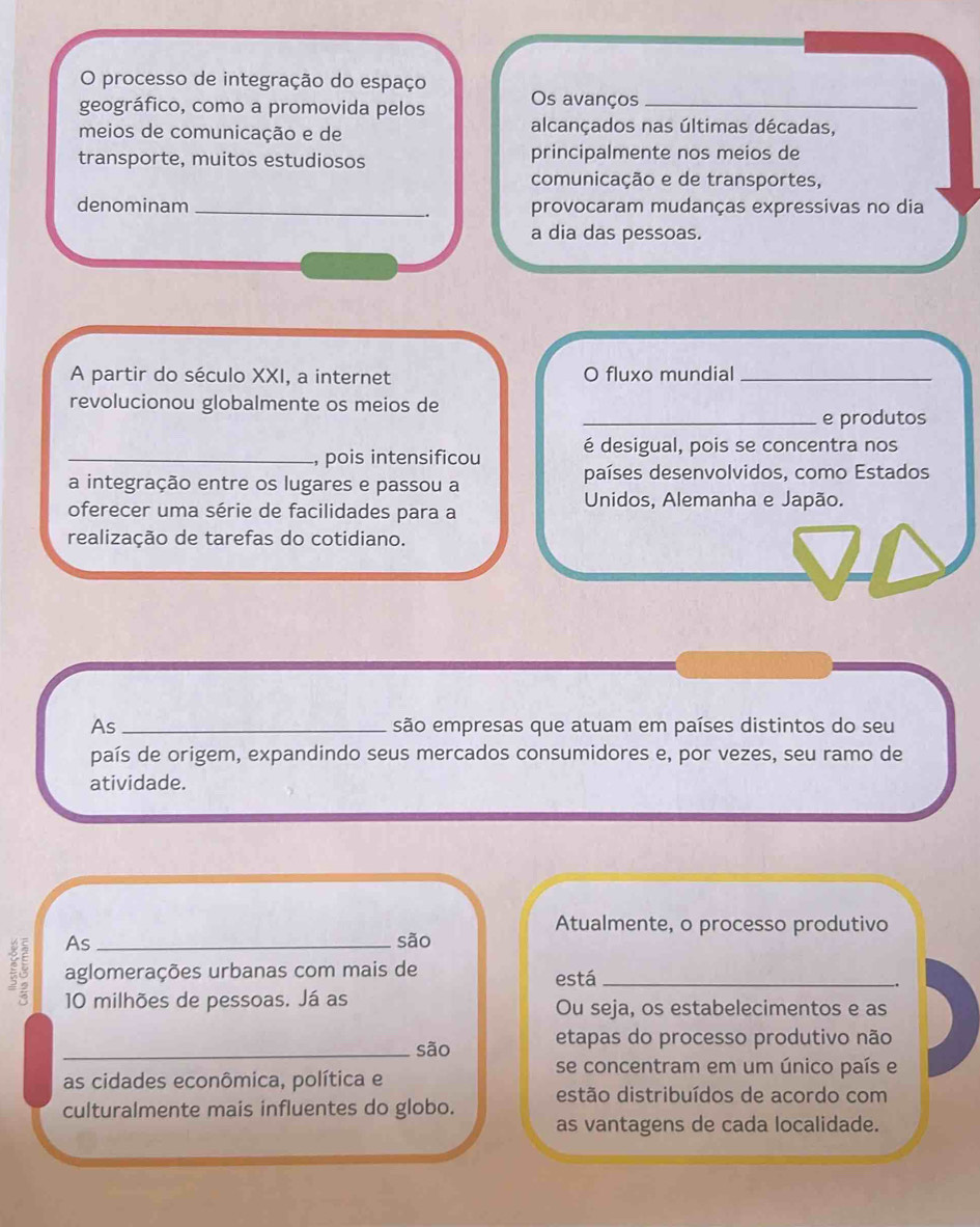 processo de integração do espaço 
geográfico, como a promovida pelos Os avanços_ 
meios de comunicação e de alcançados nas últimas décadas, 
transporte, muitos estudiosos principalmente nos meios de 
comunicação e de transportes, 
denominam _provocaram mudanças expressivas no dia 
a dia das pessoas. 
A partir do século XXI, a internet O fluxo mundial_ 
revolucionou globalmente os meios de 
_e produtos 
_, pois intensificou é desigual, pois se concentra nos 
a integração entre os lugares e passou a 
países desenvolvidos, como Estados 
oferecer uma série de facilidades para a 
Unidos, Alemanha e Japão. 
realização de tarefas do cotidiano. 
As_ são empresas que atuam em países distintos do seu 
país de origem, expandindo seus mercados consumidores e, por vezes, seu ramo de 
atividade. 
Atualmente, o processo produtivo 
As _são 
aglomerações urbanas com mais de 
está_
10 milhões de pessoas. Já as Ou seja, os estabelecimentos e as 
_são etapas do processo produtivo não 
se concentram em um único país e 
as cidades econômica, política e 
estão distribuídos de acordo com 
culturalmente mais influentes do globo. 
as vantagens de cada localidade.