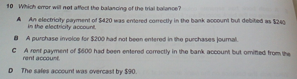 Which error will not affect the balancing of the trial balance?
A An electricity payment of $420 was entered correctly in the bank account but debited as $240
in the electricity account.
B A purchase invoice for $200 had not been entered in the purchases journal.
C A rent payment of $600 had been entered correctly in the bank account but omitted from the
rent account.
D The sales account was overcast by $90.