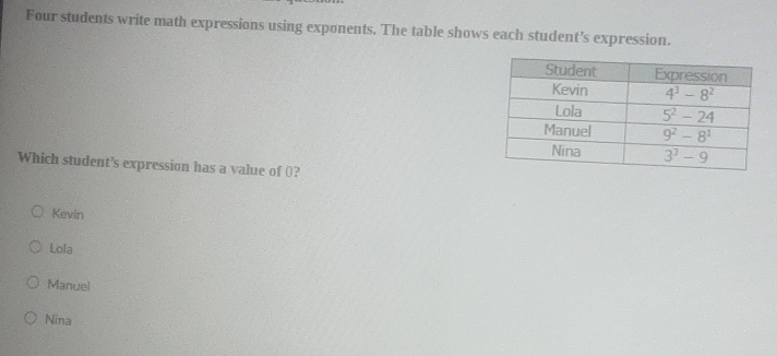 Four students write math expressions using exponents. The table shows each student's expression.
Which student’s expression has a value of (?
Kevin
Lola
Manuel
Nina