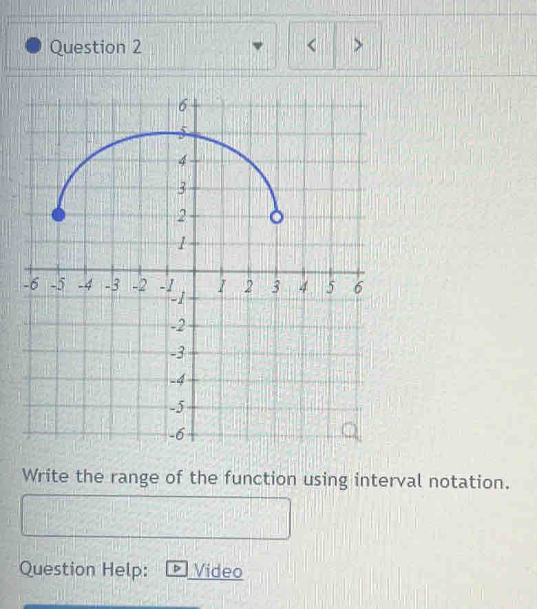 < > 
Write the range of the function using interval notation. 
Question Help: Video