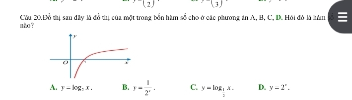 (2) .
(3)
Câu 20.Đồ thị sau đây là đồ thị của một trong bốn hàm số cho ở các phương án A, B, C, D. Hỏi đó là hàm
nào?
A. y=log _2x. B. y= 1/2^x . C. y=log _ 1/2 x. D. y=2^x.