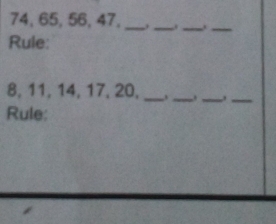 74, 65, 56, 47, ___._ 
Rule:
8, 11, 14, 17, 20, __._ 
_ 
Rule: