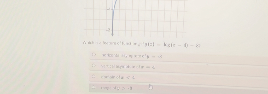 Which is a feature of function g if g(x)=log (x-4)-8 2
horizontal asymptote of y=-8
vertical asymptote of x=4
domain of x<4</tex>
range of y >-8