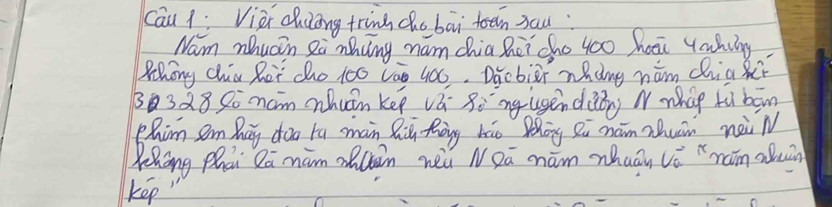 Cāu 1: Vièi chuong tring cho bāi teen 3au: 
Nam mhucin Ra nhing mam chia hei cho yoo hoi yahing 
Zhong chia Rot cho 100 Lao 400. Dacbiei nhdng hám chia he
30328 2 mam nhuán kee vá Bò ng ugendàōng Nwháp tù bān 
chim sem hay dog to man Qig Zhong hao Zhog Qu man auan nei N 
Whang hai Ra mam olhān weu NQā mám zhuán vè "rán aun 
kep "