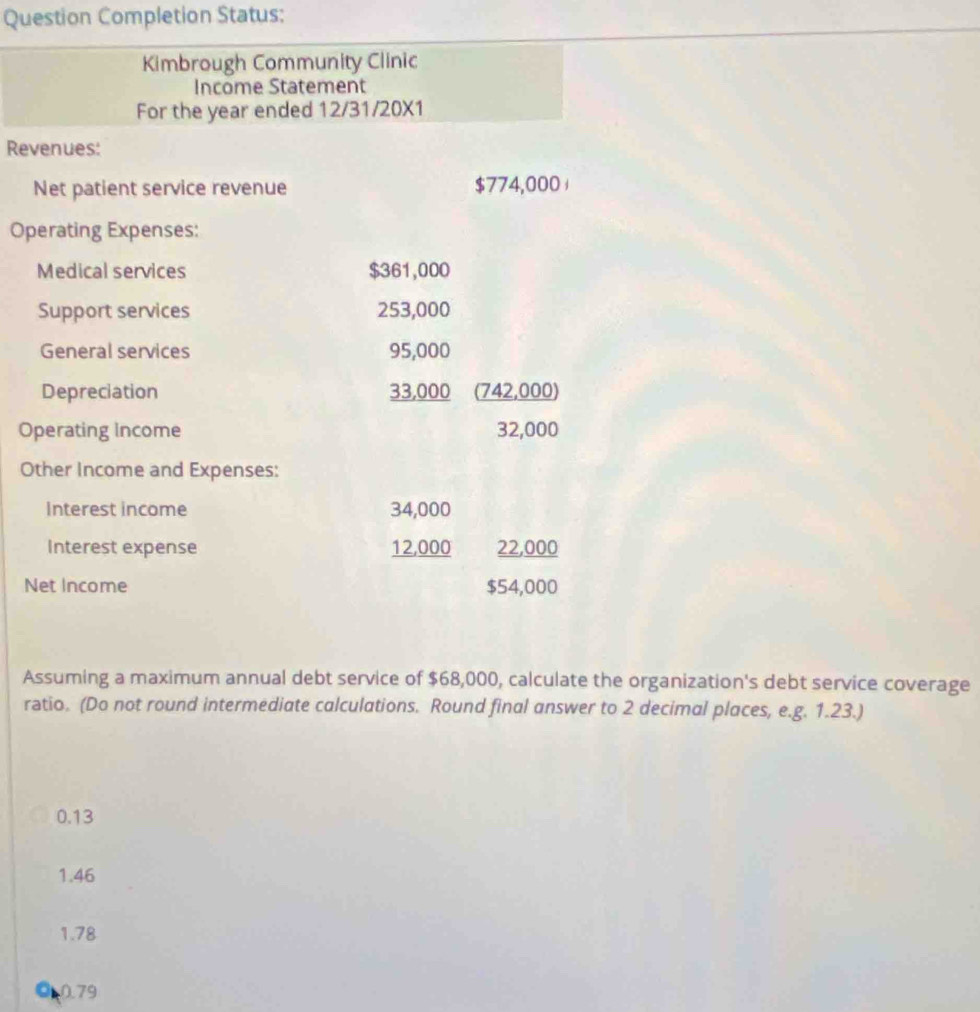 Question Completion Status:
Kimbrough Community Clinic
Income Statement
For the year ended 12/31/20X1
Revenues:
Net patient service revenue $774,000
Operating Expenses:
Medical services $361,000
Support services 253,000
General services 95,000
Depreciation 33,000 (742,000)
Operating Income 32,000
Other Income and Expenses:
Interest income 34,000
Interest expense 12,000 22,000
Net Income $54,000
Assuming a maximum annual debt service of $68,000, calculate the organization's debt service coverage
ratio. (Do not round intermediate calculations. Round final answer to 2 decimal places, e.g. 1.23.)
0.13
1.46
1.78
0.79