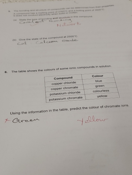 The bonding and structurs of compounds can be deerounes from their properses 
A compound has a malting point of 2 rB3°C and a bollling point of 3500°C
It ones not coud ant esertanty when solld of moter 
(a) Sitate the type of bonding and structure in this compound 
(b) Give the state of the compound at 2500°C. 
6. The table shows the colours of some ionic compounds in solution. 
Using the information in the table, predict the colour of chromate ions.
