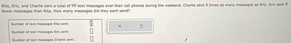 Rita, Eric, and Charlie sent a total of 99 text messages over their cell phones during the weekend. Charlie sent 4 times as many messages as Eric. Eric sent 9
fewer messages than Rita. How many messages did they each send? 
Number of text messages Rita sent: 
× 
Number of text messages Eric sent: 
Number of text messages Charlie sent: