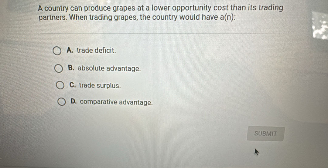 A country can produce grapes at a lower opportunity cost than its trading
partners. When trading grapes, the country would have a(n) :
A. trade deficit.
B. absolute advantage.
C. trade surplus.
D. comparative advantage.
SUBMIT