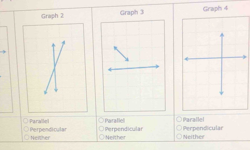 Graph 2 Graph 3
Graph 4
Parallel Parallel Parallel
Perpendicular Perpendicular Perpendicular
Neither Neither Neither