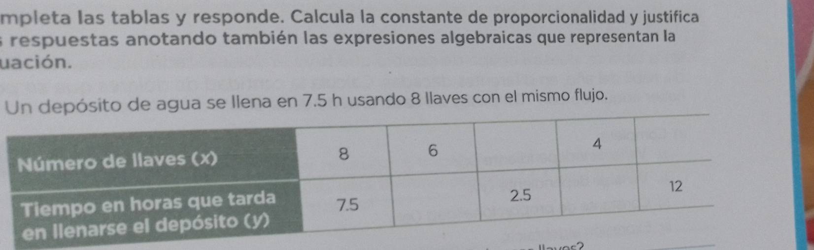 mpleta las tablas y responde. Calcula la constante de proporcionalidad y justifica 
s respuestas anotando también las expresiones algebraicas que representan la 
uación. 
Un depósito de agua se Ilena en 7.5 h usando 8 llaves con el mismo flujo.