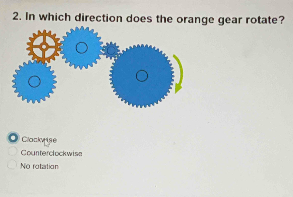 In which direction does the orange gear rotate?
a Clockwise
Counterclockwise
No rotation