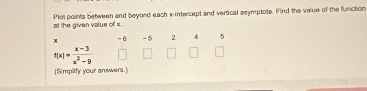 Plot points between and beyond each x-intercept and vertical asymptote. Find the value of the function 
at the given value of x.
x
-6 -5 2 4 5
f(x)= (x-3)/x^2-9 
(Simplify your answers.)