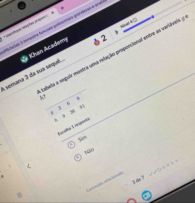 Nivel 4①
* Identifique relações proporcia
ffb0eSeb:3-bimestre-funcoes-polinomiais-grandezas-e-ana
Khan Academy
abela a seguir mostra uma relação proporcional entre as variáveis
A semana 3 da sua sequê.. 2
h? 9
6
3 81
9 36
9
A
Escolha 1 resposta:
Sim
b
Não
e
3 de 7
Conteúdo relacionado