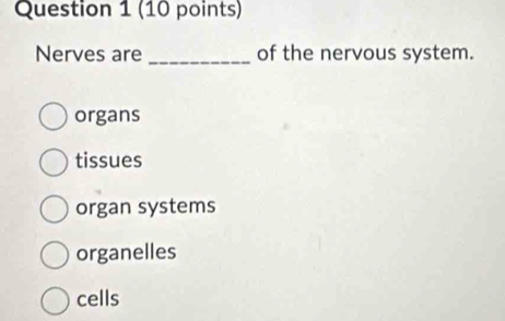 Nerves are _of the nervous system.
organs
tissues
organ systems
organelles
cells