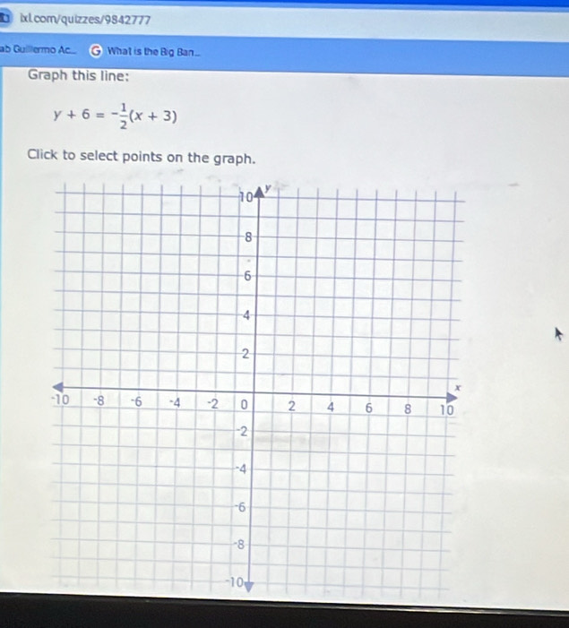 ab Guillermo Ac.... What is the Big Ban... 
Graph this line:
y+6=- 1/2 (x+3)
Click to select points on the graph.