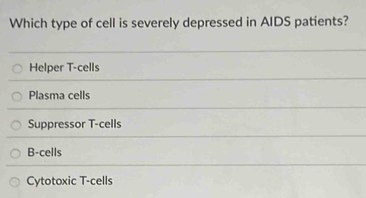 Which type of cell is severely depressed in AIDS patients?
Helper T-cells
Plasma cells
Suppressor T-cells
B-cells
Cytotoxic T-cells