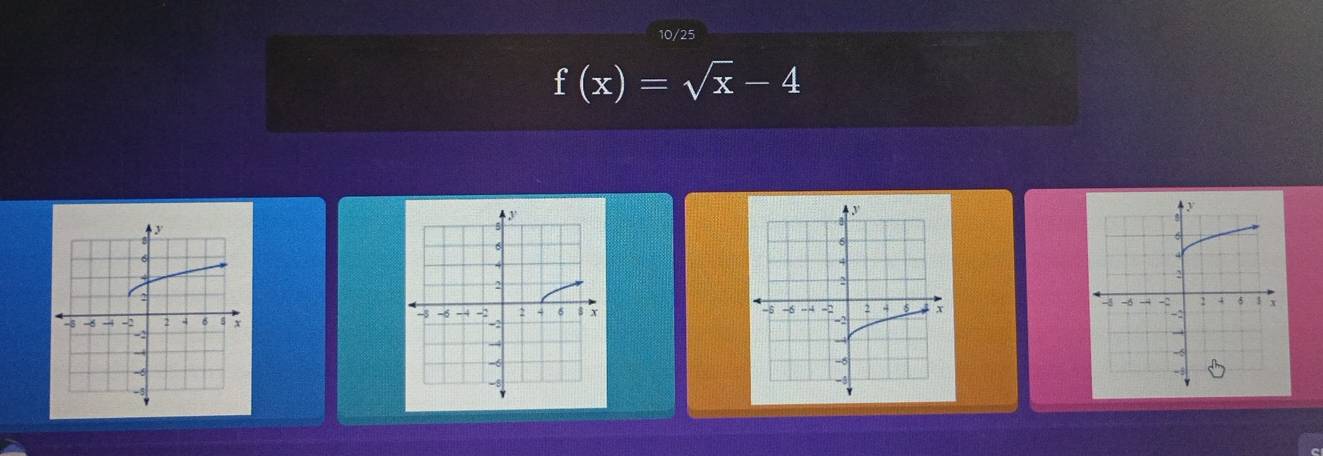 10/25
f(x)=sqrt(x)-4