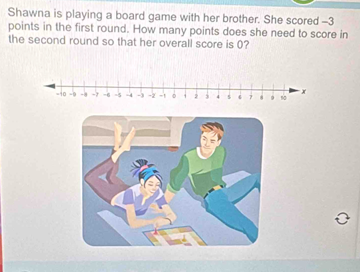 Shawna is playing a board game with her brother. She scored -3
points in the first round. How many points does she need to score in 
the second round so that her overall score is 0?