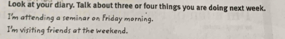 Look at your diary. Talk about three or four things you are doing next week. 
I'm attending a seminar on Friday morning. 
I'm visiting friends at the weekend.