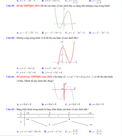 A y=x^2-3x^2-1. y=x-3x+2. C. y=frac x+1· D. y=frac x+1·
Câu 39: Để thi THPTQG 2019. Đồ thị của hàm số nào dưới đây có dạng như đường cong trong hình?
A. y=-x^4+2x^2+1. B. y=-x^2+3x+1. C. y=x^3-3x^2+1. D. y=x^4-2x^2+1.
Câu 40: Đường cong trong hình vẽ là đồ thị của hàm số nào dưới đây?
A. y=x^2-3x+4. B. y=x^4-3x^2+2.
C. y=x^3-3x^2+4. D. y=-x^3+3x^2+4.
Câu 41: Đề minh họa THPTQG năm 2020. Cho hàm số y=ax^3+3x+d,(a,d∈ □ ) có đồ thị như hình
vẽ bên. Mệnh đễ nào dưới đây đùng?
A. a>0;d>0 B. a<0;d>0 C. a>0;d<0</tex> D. a<0;d<0.
Câu 42: Bảng biến thiên trong hình là bảng biển thiên của hám số nào dưới đây?
A. y=-x^3+6x^2-9x+4. B. y=x^4-x^2+1 C. y= (x+1)/x-1 . D. y= (1-x)/2+x .