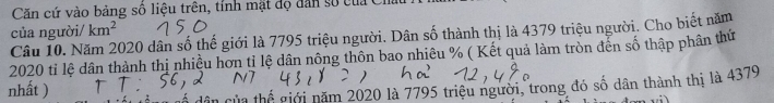 Căn cứ vào bảng số liệu trên, tính mặt đọ dân số của Châu 
của người/ km^2
Câu 10. Năm 2020 dân số thế giới là 7795 triệu người. Dân số thành thị là 4379 triệu người. Cho biết năm 
2020 tỉ lệ dân thành thị nhiều hơn tỉ lệ dân nông thôn bao nhiêu % ( Kết quả làm tròn đến số thập phân thứ 
nhất ) 
thể giới năm 2020 là 7795 triệu người, trong đó số dân thành thị là 4379