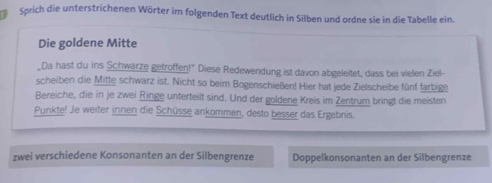 Sprich die unterstrichenen Wörter im folgenden Text deutlich in Silben und ordne sie in die Tabelle ein. 
Die goldene Mitte 
Da hast du ins Schwarze getroffen!" Diese Redewendung ist davon abgeleitet, dass bei vielen Ziel- 
scheiben die Mitte schwarz ist. Nicht so beim Bogenschießen! Hier hat jede Zielscheibe fünf farbige 
Bereiche, die in je zwei Ringe unterteilt sind. Und der goldene Kreis im Zentrum bringt die meisten 
Punkte! Je weiter innen die Schüsse ankommen, desto besser das Ergebnis. 
zwei verschiedene Konsonanten an der Silbengrenze Doppelkonsonanten an der Silbengrenze