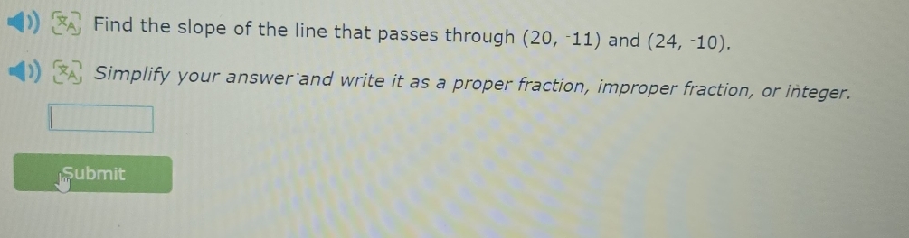 Find the slope of the line that passes through (20,^-11) and (24,-10). 
Simplify your answer and write it as a proper fraction, improper fraction, or integer. 
submit