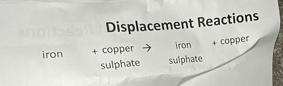 Displacement Reactions 
iron + copper 
iron + copper 
sulphate sulphate