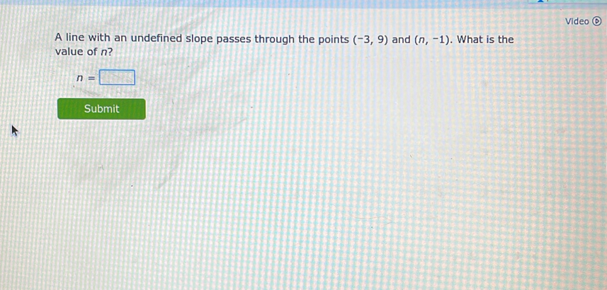 Video ⑥ 
A line with an undefined slope passes through the points (-3,9) and (n,-1). What is the 
value of n?
n=□
Submit