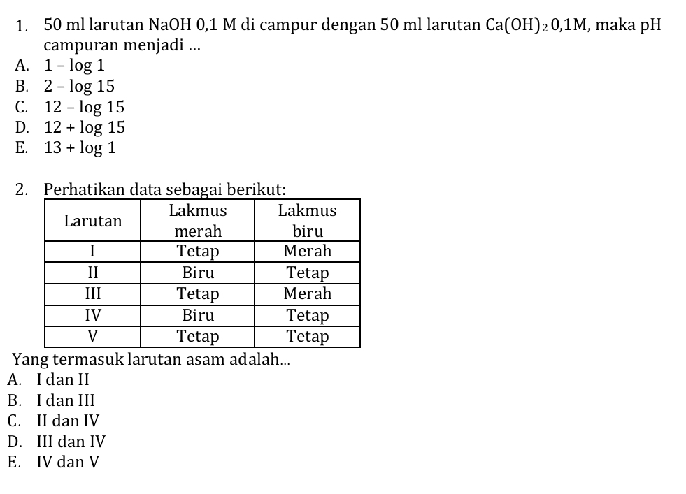 50 ml larutan NaOH 0,1 M di campur dengan 50 ml larutan Ca(OH)_20,1M , maka pH
campuran menjadi ...
A. 1-log 1
B. 2-log 15
C. 12-log 15
D. 12+log 15
E. 13+log 1
2. Perhatikan data sebagai berikut:
Yang termasuk larutan asam adalah...
A. I dan II
B. I dan III
C. II dan IV
D. III dan IV
E. IV dan V