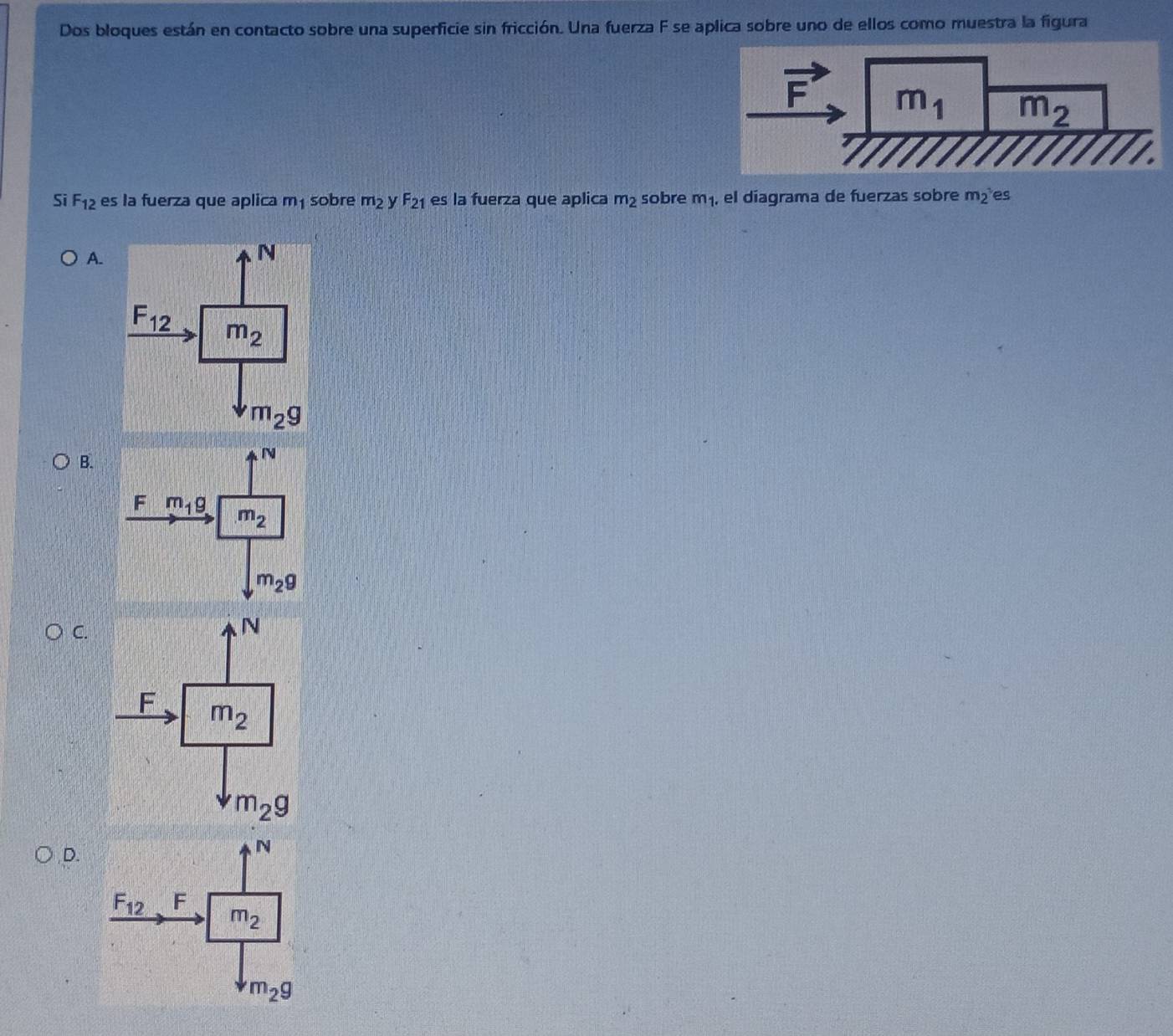 Dos bloques están en contacto sobre una superficie sin fricción. Una fuerza F se aplica sobre uno de ellos como muestra la figura
Si F_12 es la fuerza que aplica m_1 sobre m_2 y F_21 es la fuerza que aplica m_2 sobre m_1 , el díagrama de fuerzas sobre m_2 es
A.
B.
C.
D.