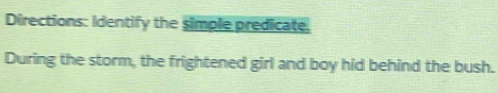 Directions: Identify the simple predicate, 
During the storm, the frightened girl and boy hid behind the bush.