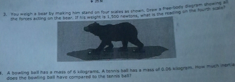 You weigh a bear by making him stand on four scales as shown, Draw a free-body diagram showing all 
the forces acting on the bear. If his weight is 1,500 newtons, what is the reading on the fourth scale? 
4. A bowling ball has a rass of 6 kilograms. A tennis ball has a mass of 0.06 kilogram. How much inert a 
does the bowling ball have compared to the tennis ball?