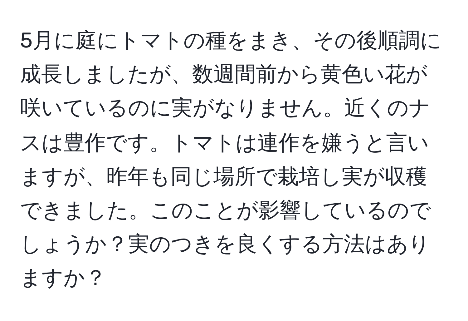 5月に庭にトマトの種をまき、その後順調に成長しましたが、数週間前から黄色い花が咲いているのに実がなりません。近くのナスは豊作です。トマトは連作を嫌うと言いますが、昨年も同じ場所で栽培し実が収穫できました。このことが影響しているのでしょうか？実のつきを良くする方法はありますか？